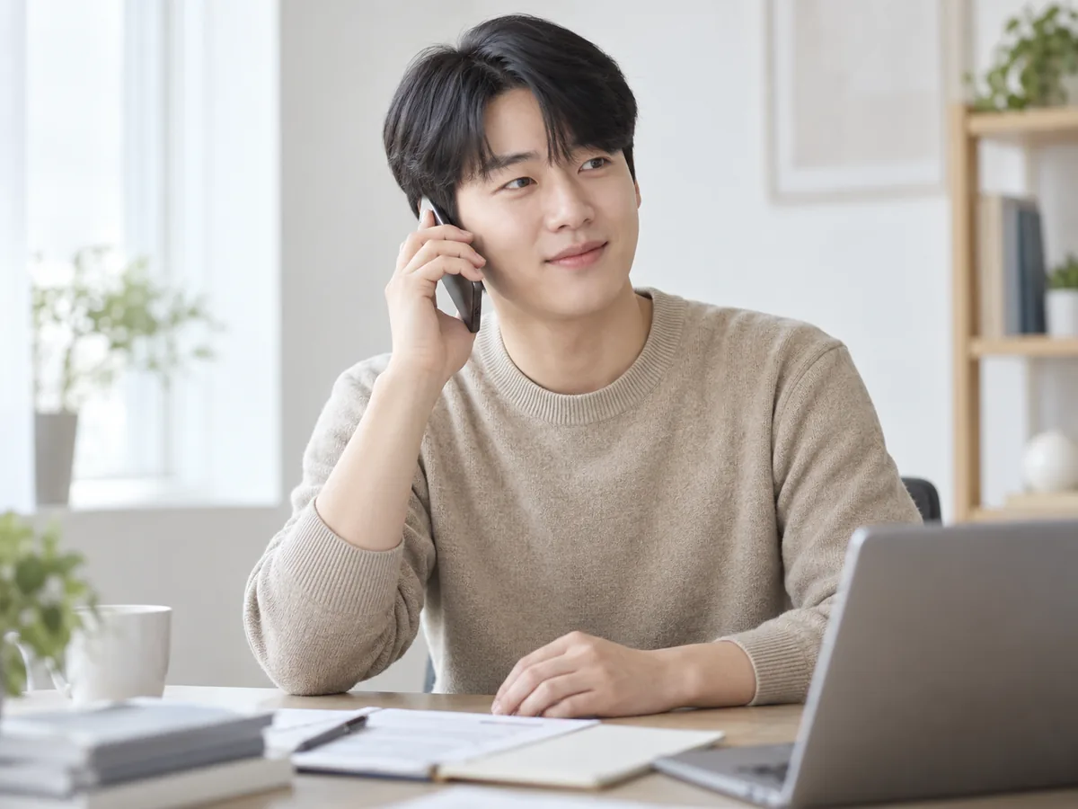 통화하며 웃는 상담원