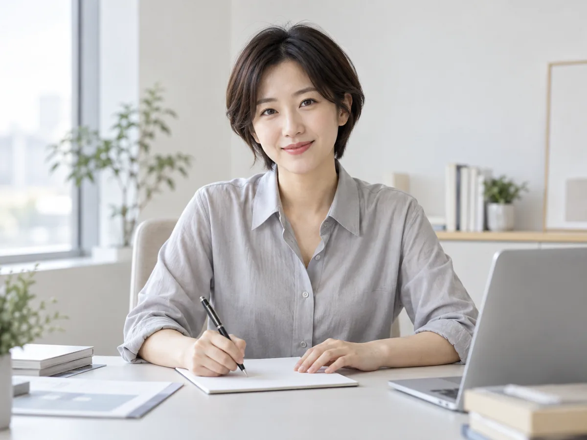 책상에서 서류를 정리하며 웃는 상담원