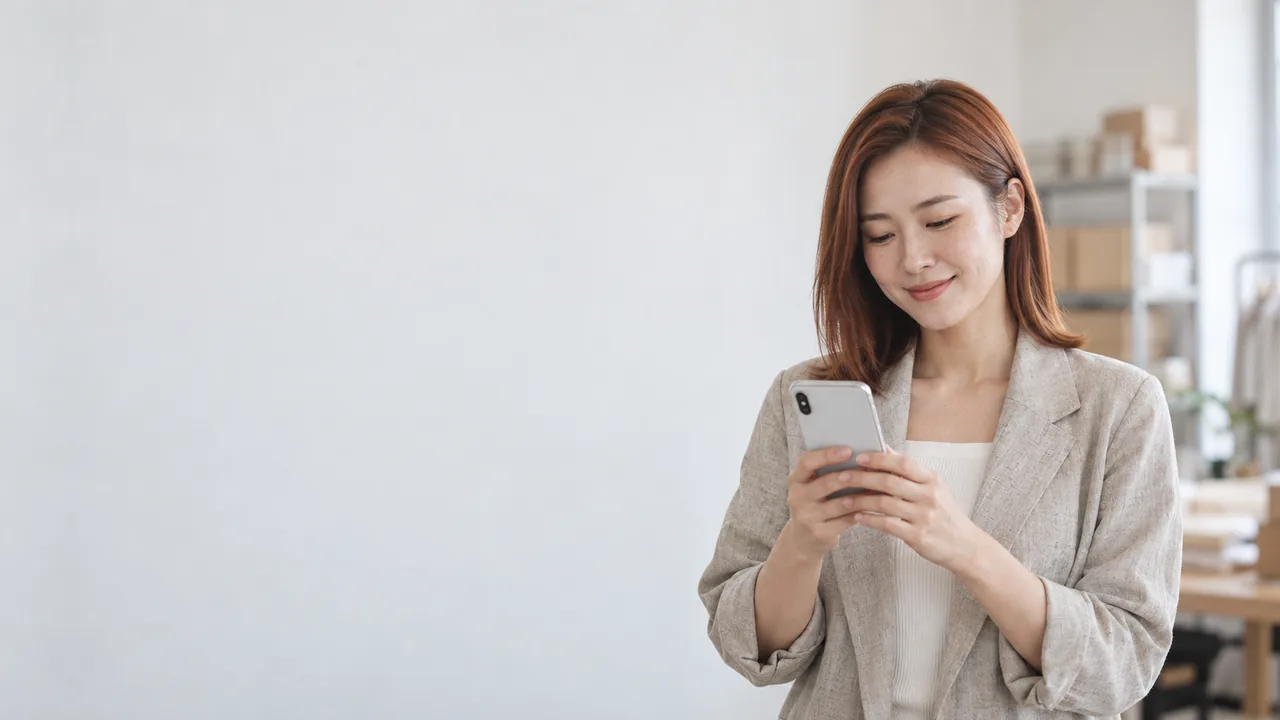 베이지 재킷을 입고 휴대전화를 보는 고객