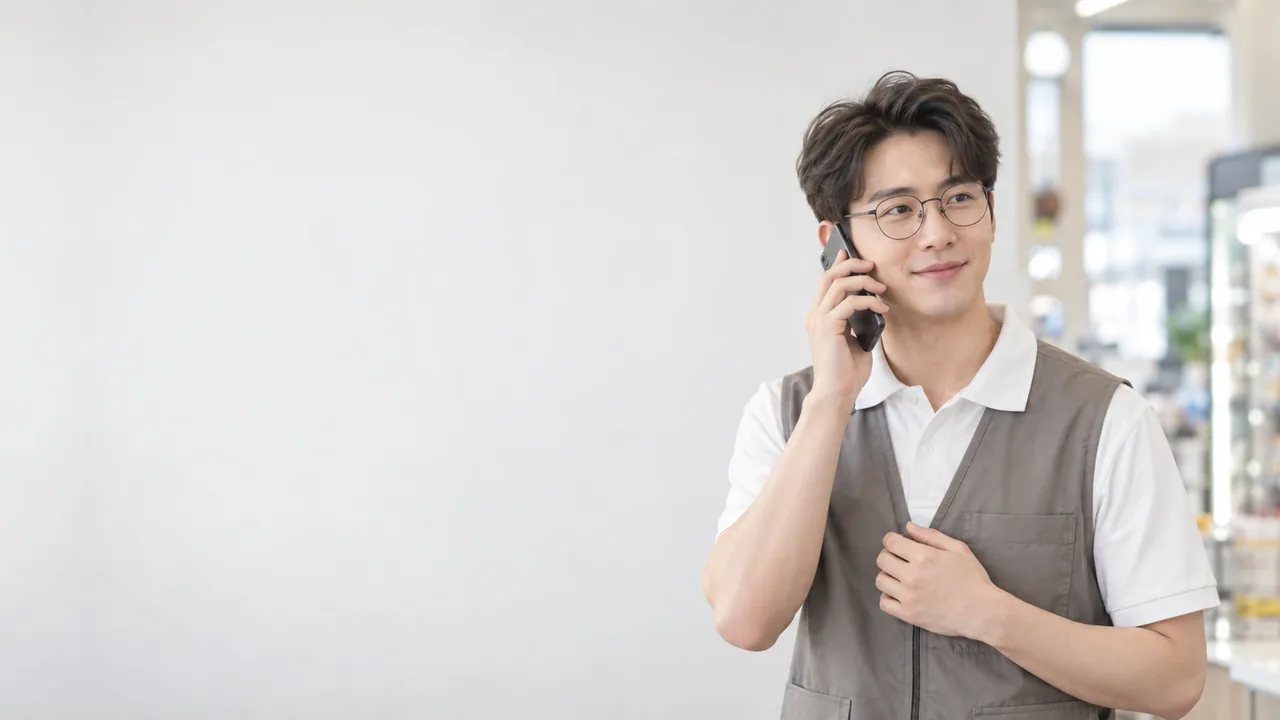 안경을 쓰고 조끼 차림으로 통화하는 고객