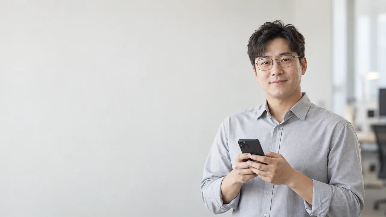 안경을 쓰고 휴대전화를 확인하는 고객